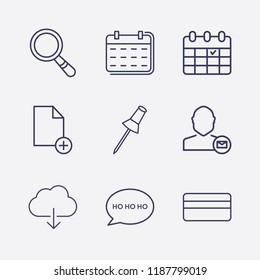 Outline 9 notebook icon set. paper pin, cloud download, user mail, speech bubble with ho ho ho, search, document add, calendar and credit card vector illustration