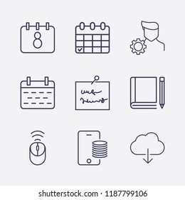Outline 9 notebook icon set. online payment, book and pencil, cloud download, account settings, note, wifi mouse and calendar vector illustration