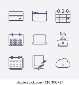 Outline 9 notebook icon set. laptop worker, book and pencil, laptop, cloud download, credit card, browser and calendar vector illustration