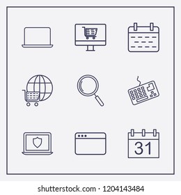 Outline 9 notebook icon set. keyboard, laptop, laptop shield and online shop vector illustration