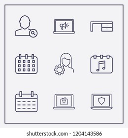 Outline 9 notebook icon set. calendar, online shopping, laptop megaphone and search user vector illustration