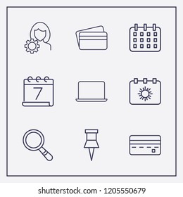 Outline 9 notebook icon set. search, calendar, credit card and laptop vector illustration