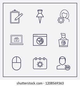 Outline 9 notebook icon set. paper pin, click, user mail and browser vector illustration