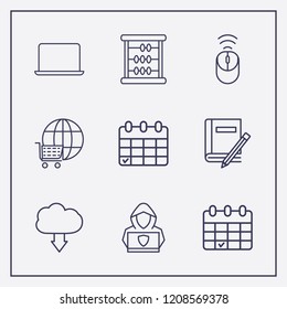 Outline 9 notebook icon set. book and pencil, math, laptop and wifi mouse vector illustration