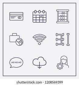 Outline 9 notebook icon set. cloud download, calendar, speech bubble with ho ho ho and credit card vector illustration