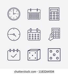 Outline 9 number icon set. dice, calculator with hand, calendar check, calendar, calculator and clock vector illustration