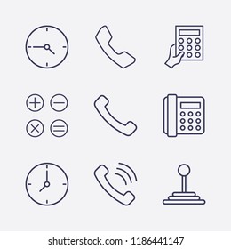 Outline 9 number icon set. calculator with hand, clock, handset, calculator, home phone and speed shifter vector illustration