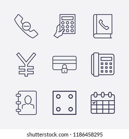 Outline 9 number icon set. phone book, yen, telephone book, credit card lock, calendar, calculator with hand, dice, home phone and handset remove vector illustration