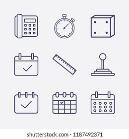 Outline 9 number icon set. calendar check, calendar, home phone, ruler, stopwatch, dice and speed shifter vector illustration