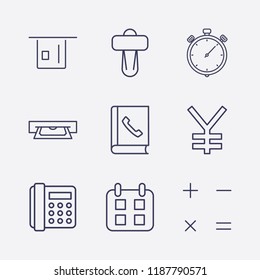 Outline 9 number icon set. calculator, car shifter, telephone book, home phone, yen, card withdrawal, calendar and stopwatch vector illustration