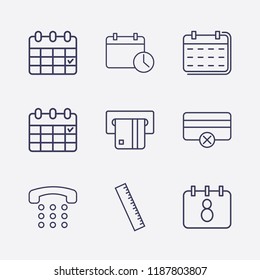 Outline 9 number icon set. ruler, calendar, credit card remove, calendar time, card withdrawal and home phone vector illustration