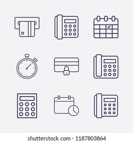 Outline 9 number icon set. calendar time, credit card lock, card withdrawal, stopwatch, home phone, calendar and calculator vector illustration