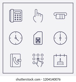 Outline 9 number icon set. calendar with birthday cake, one finger, pressing number and home phone vector illustration