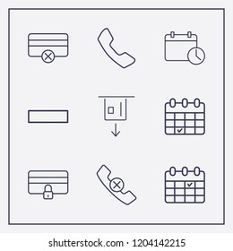 Outline 9 number icon set. credit card lock, minus, card withdrawal and handset vector illustration