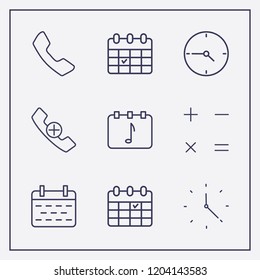 Outline 9 number icon set. calculator, handset add, calendar check and calendar vector illustration