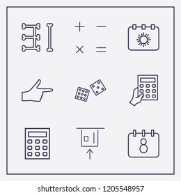 Outline 9 number icon set. finger right, card withdrawal, calculator with hand and halloween calendar vector illustration