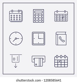 Outline 9 number icon set. clock, calendar, telephone book and card withdrawal vector illustration