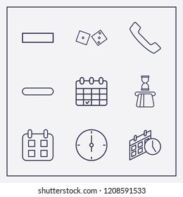 Outline 9 number icon set. calendar, clock, dice and card withdrawal vector illustration