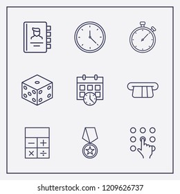 Outline 9 number icon set. card withdrawal, clock, pressing number and award medal vector illustration