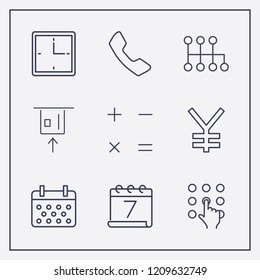 Outline 9 number icon set. handset, speed shifter, pressing number and calculator vector illustration
