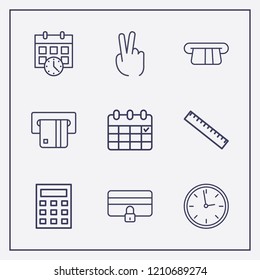 Outline 9 number icon set. credit card lock, two fingers, calendar and calculator vector illustration