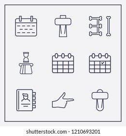 Outline 9 number icon set. car shifter, phone book, card withdrawal and halloween calendar vector illustration