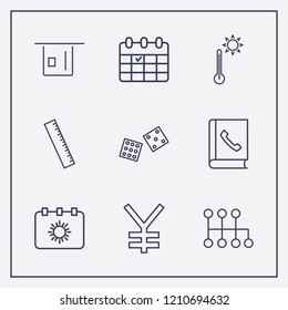 Outline 9 number icon set. ruler, yen, speed shifter and calendar vector illustration