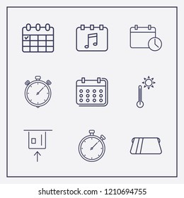 Outline 9 number icon set. thermometer, stopwatch, calendar time and card withdrawal vector illustration