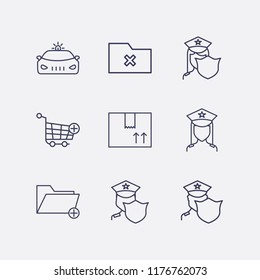 Outline 9 order icon set. remove folder, box, add to shopping cart, police car, add folder and police vector illustration