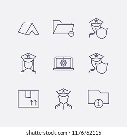 Outline 9 order icon set. remove folder, police, box, laptop setting, information folder and tent vector illustration