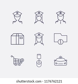 Outline 9 order icon set. police, online book order, box, information folder, add to shopping cart and police car vector illustration