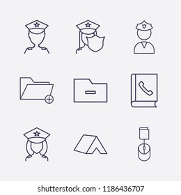 Outline 9 order icon set. police, telephone book, remove folder, tent, online book order and add folder vector illustration