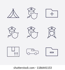 Outline 9 order icon set. add folder, police, box, remove folder, tent and van vector illustration