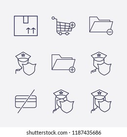 Outline 9 order icon set. forbidden credit card, box, add to shopping cart, add folder, police and remove folder vector illustration