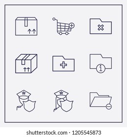 Outline 9 order icon set. add folder, information folder, box and add to shopping cart vector illustration