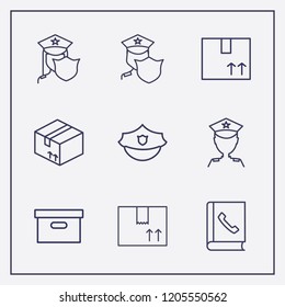 Outline 9 order icon set. box, police, police hat and telephone book vector illustration