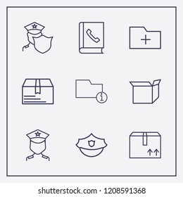 Outline 9 order icon set. add folder, police hat, telephone book and information folder vector illustration