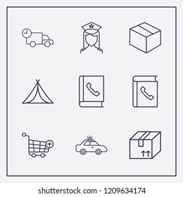 Outline 9 order icon set. delivery, tent, add to shopping cart and box vector illustration