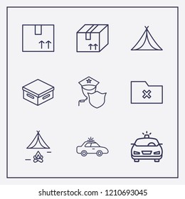 Outline 9 order icon set. tent, police, box and remove folder vector illustration