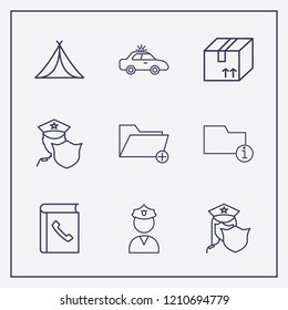 Outline 9 order icon set. add folder, police car, information folder and telephone book vector illustration