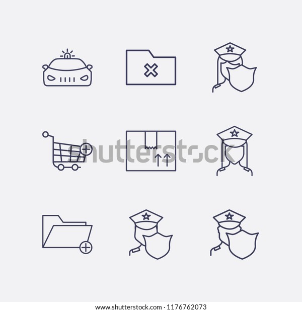 Outline 9\
order icon set. remove folder, box, add to shopping cart, police\
car, add folder and police vector\
illustration