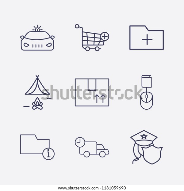 Outline 9 order icon set. online\
book order, police, information folder, add to shopping cart,\
delivery, add folder, box, tent and police car vector\
illustration