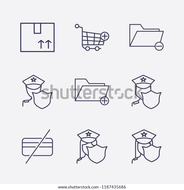 Outline 9 order icon set. forbidden credit\
card, box, add to shopping cart, add folder, police and remove\
folder vector\
illustration