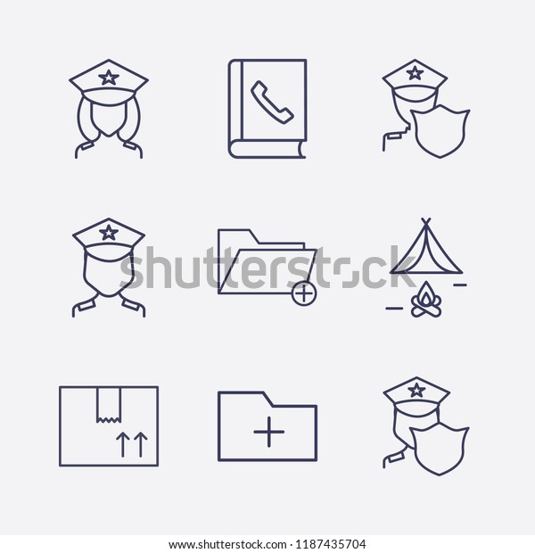 Outline 9 order icon set. tent, box,
telephone book, police and add folder vector
illustration