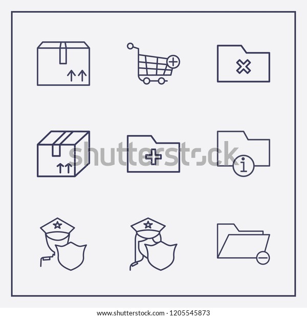 Outline 9 order icon\
set. add folder, information folder, box and add to shopping cart\
vector illustration