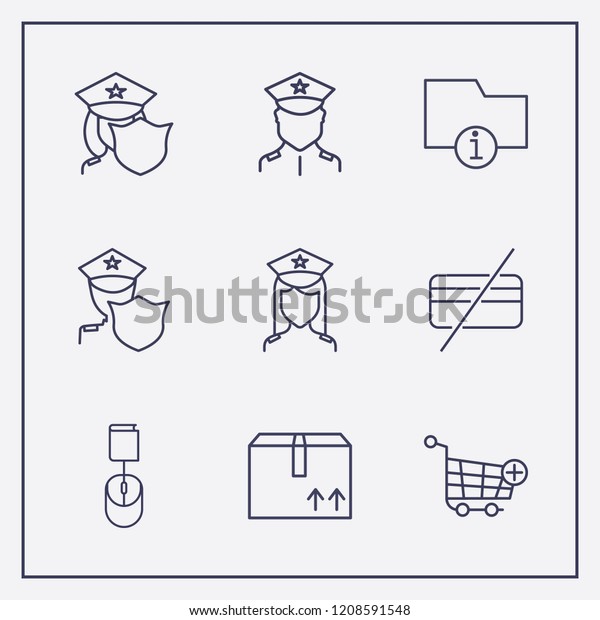 Outline 9 order icon
set. police, forbidden credit card, box and add to shopping cart
vector illustration
