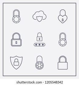 Outline 9 padlock icon set. password lock, shield lock, heart lock and cloud security vector illustration