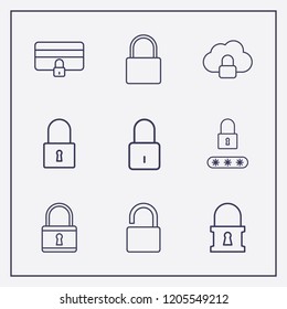 Outline 9 padlock icon set. password lock, credit card lock, lock and cloud lock vector illustration