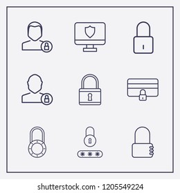 Outline 9 padlock icon set. monitor with shield, password lock, lock user and credit card lock vector illustration