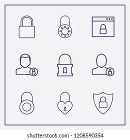 Outline 9 padlock icon set. lock, lock user, heart lock and browser with lock vector illustration